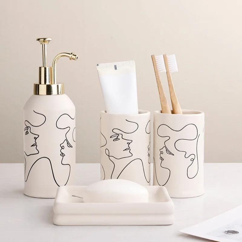 Bathroom Accessory Set with Abstract Face Print