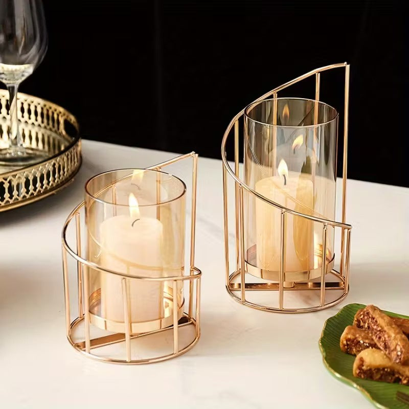 Glass Candle Holder Set with Metal Frame