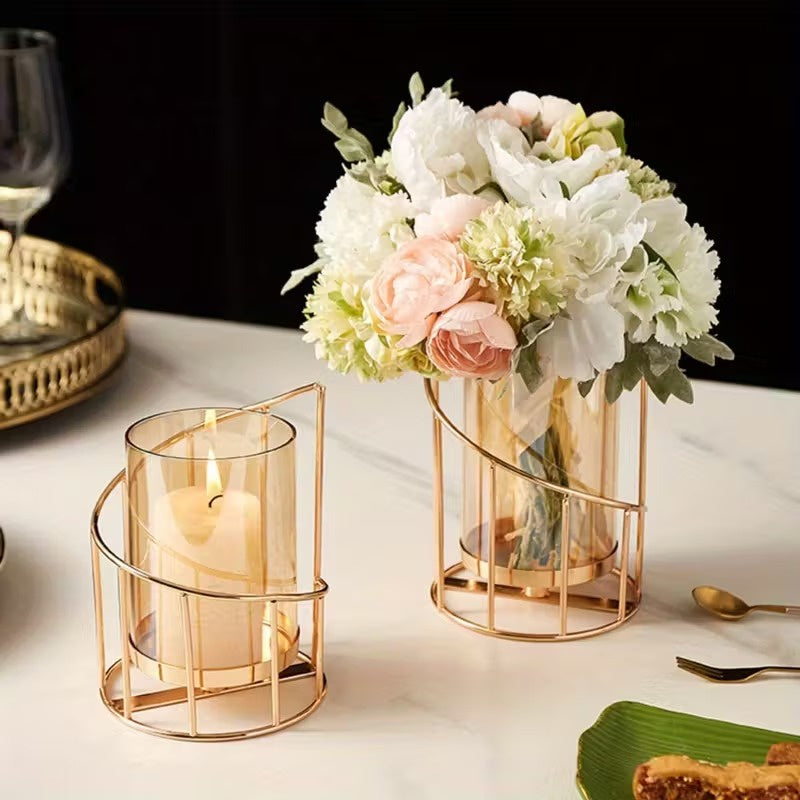 Glass Candle Holder Set with Metal Frame